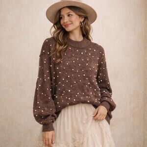 Warm Brown Sweater with Pearls Size S | City Chic